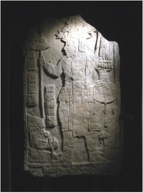 Stela 6, Aguateca, Guatemala. Portrait of King Tahn Te' K'inich (ruled A.D. 770-802) in the garb of a warrior. Museo Chileno del Arte Precolombino, Santiago, Chile.