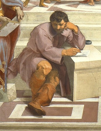 Heraclitus, whose features are based on Michelangelo's and his seated pose is based on the prophets and sibyls from Michelangelo's frescoes on the Sistine Chapel Ceiling (detail), Raphael, School of Athens, 1509-11, Stanza della Segnatura (Vatican City, Rome)