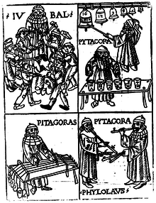 Medieval woodcut showing Pythagoras with bells and other instruments in Pythagorean tuning