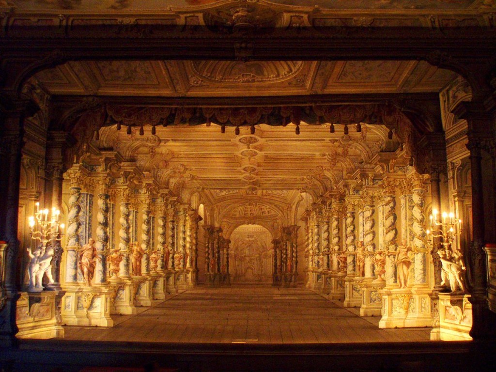 Photo of the ornate interior of the Baroque theatre in Český Krumlov, Czech Republic.