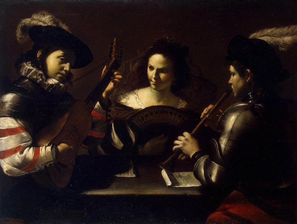 Painting of two musicians; a woman holding a fan sits between them. Painting by Mattia Preti