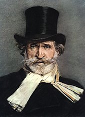 Painting of Giuseppe Verdi wearing a black top hat and cream-colored neck scarf, by Giovanni Boldini, 1886