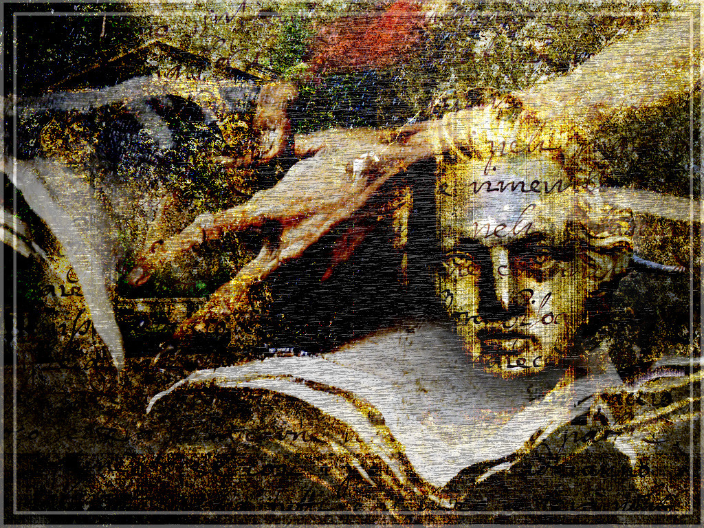 Collage with several superimposed images: an open book, two gnarled hands reaching into the book, and a man's head. Composition is entitled "Mozart."