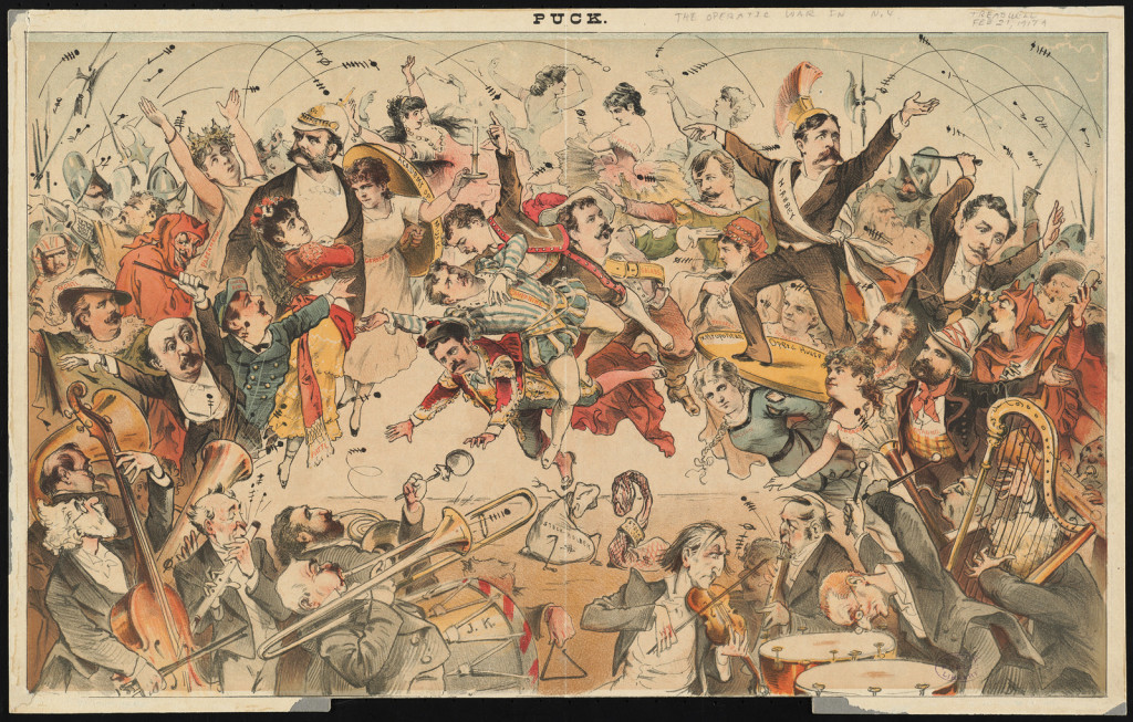 Print shows a clash between the Academy of Music and the Metropolitan Opera, with Henry E. Abbey, opera singers, conductors, and orchestras