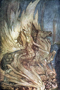 Colored illustration by Arthur Rackham of Brünnhilde throwing herself onto Siegfried's funeral pyre in Wagner's Götterdämmerung
