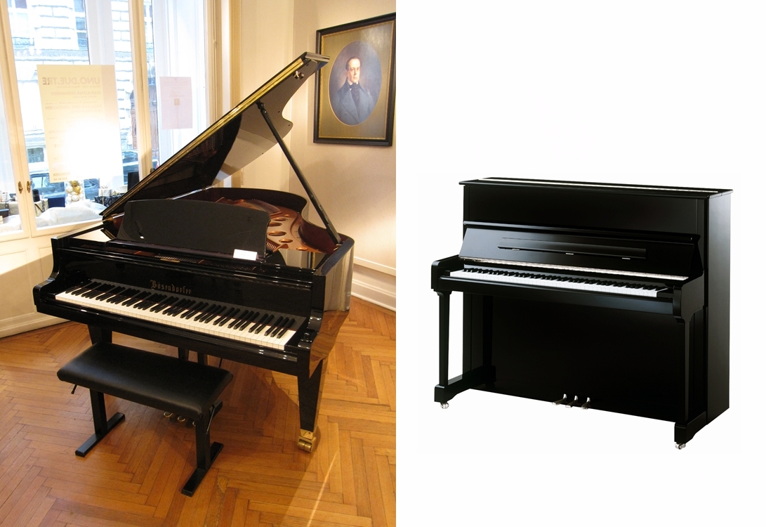 A photo of a grand piano and a photo of an upright piano. There are no commercials (brand names etc.) in this picture