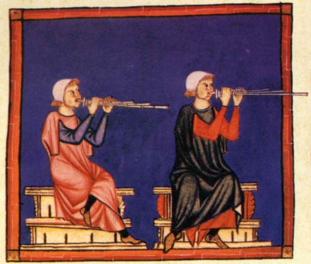 Ilustración de un códice de Cantigas de Santa María que muestra a dos jugadores de caña