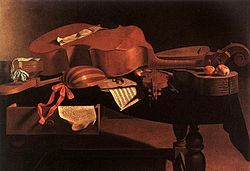 Painting of various Baroque instruments, including the hurdy gurdy, harpsichord, bass viol, lute, violin, and guitar.