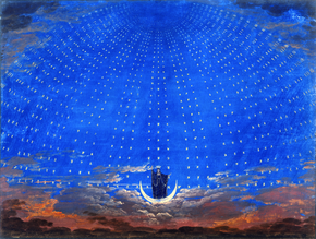 The Queen of the Night in an 1815 production of Mozart's Die Zauberflöte. The backdrop is dominated by a dark blue sky with equidistant white stars. The Queen of the Night is seen standing behind a crescent moon, and at her feet are reddish clouds.