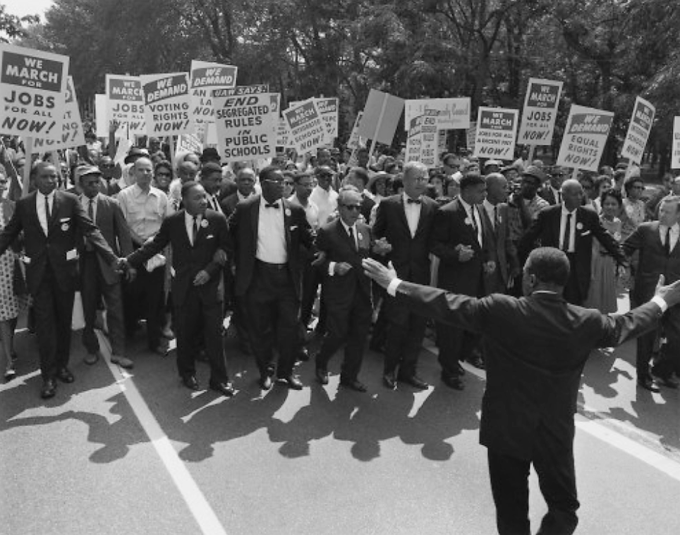 White activists increasingly joined African Americans in the Civil Rights Movement during the 1960s. This photograph shows Martin Luther King, Jr., and other black civil rights leaders arm-in-arm with leaders of the Jewish community. Photograph, August 28, 1963. Wikimedia, http://commons.wikimedia.org/wiki/File:March_on_washington_Aug_28_1963.jpg.