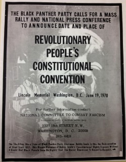 The Black Panther Party used radical and incendiary tactics to bring attention to the continued oppression of blacks in America. Read the bottom paragraph on this rally poster carefully. Wikimedia, http://upload.wikimedia.org/Wikipedia/commons/e/e7/Black_Panther_DC_Rally_Revolutionary_People's_Constitutional_Convention_1970.jpg.