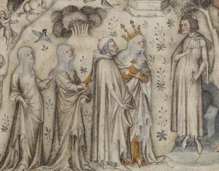 Figure 1. Machaut (at right) receiving Nature and three of her children. From an illuminated Parisian manuscript of the 1350s