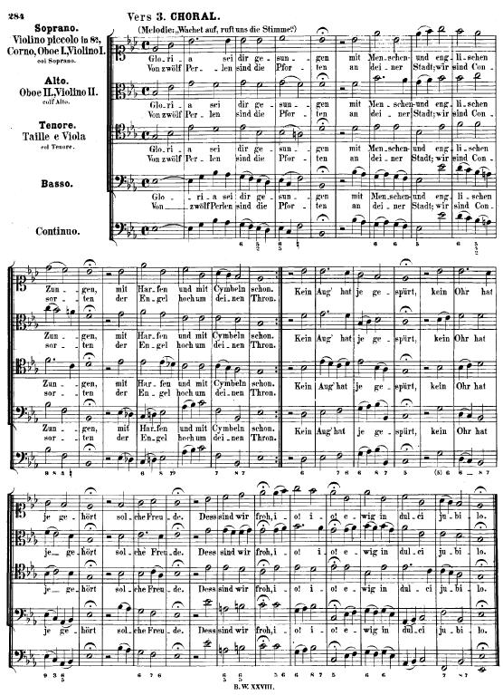 Figure 1. The third stanza in Johann Sebastian Bach's setting as the final movement of his chorale cantata Wachet auf, ruft uns die Stimme, BWV 140