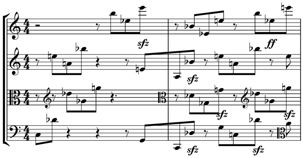 Figure 2. String quartet score (quartal harmony from Schoenberg's String Quartet No. 1).
