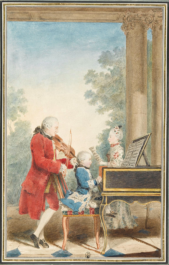 Figura 3. La familia Mozart de gira: Leopold, Wolfgang y Nannerl. Acuarela de Carmontelle, ca. 1763