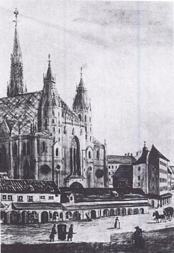 Figura 1. Catedral de San Esteban. En primer plano se encuentra la Kapellhaus (demolida 1804) donde Haydn vivió como corista.