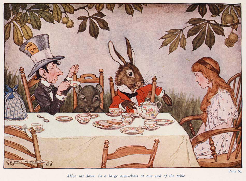 Alice, the Mad Hatter, the March Hare, and the Doormouse all sitting for tea. The drawing has an illustrated caption reading "Alice sat down in a large arm-chair at one end of the table."