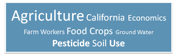 A word cloud featuring the following words: Agriculture, California, Economics, Farm workers, Food crops, Ground water, Pesticide, Soil, and Use