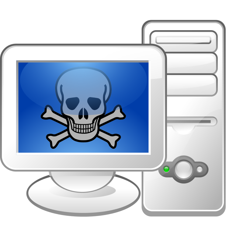 Illustration of a computer with a skull and crossbones displayed on the monitor.