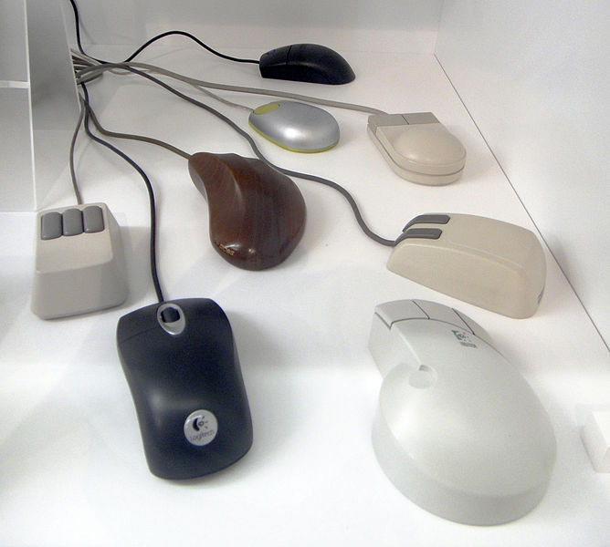 Eight different mice with slightly different body styles. They all have between two and three buttons at their tops.