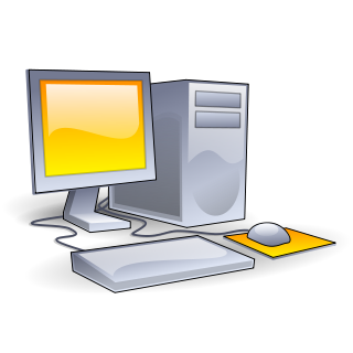 Clip art of a computer monitor, tower, mouse, and keyboard.