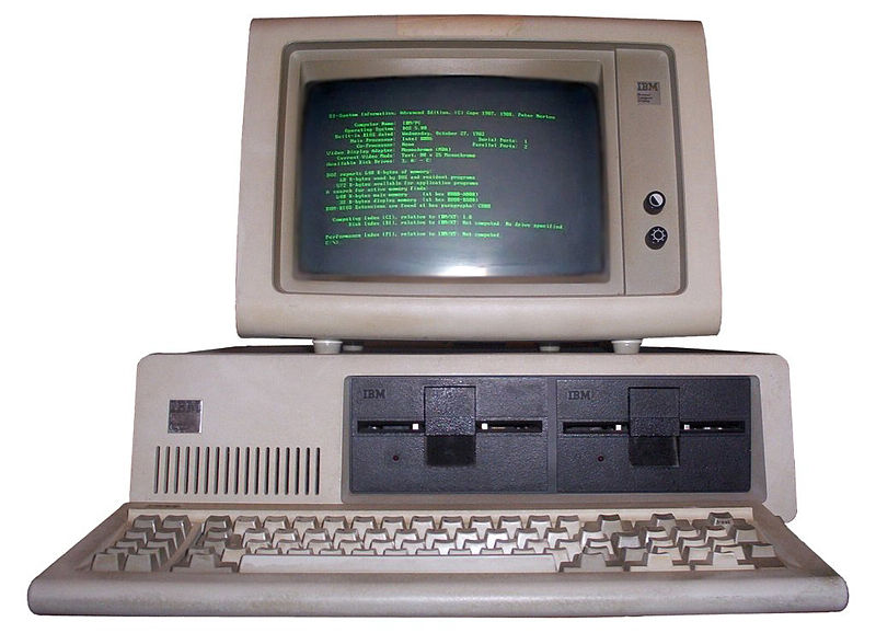 IBM PC 5150 with keyboard and green monochrome monitor (5151), running MS-DOS 5.0