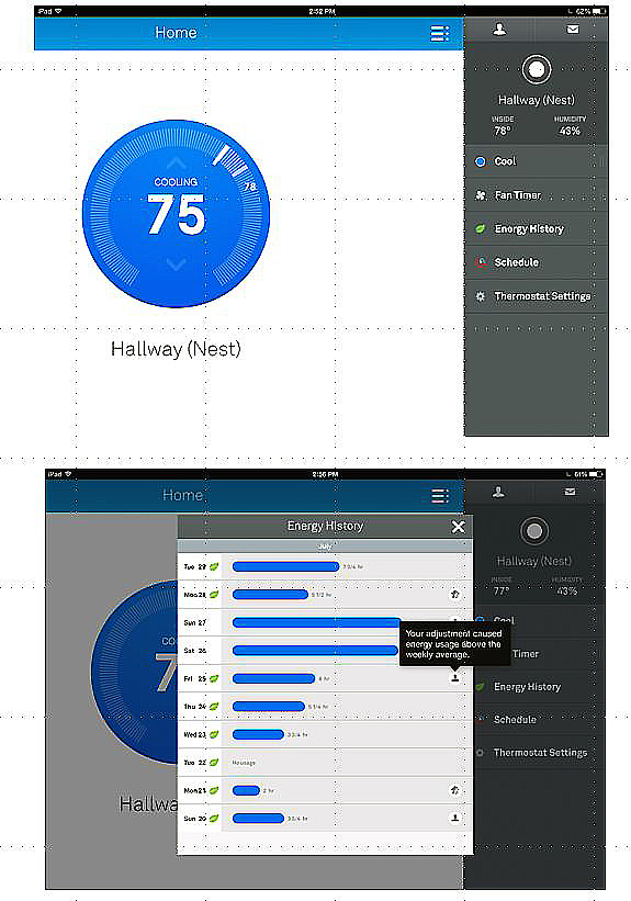 Screenshots of Nest app. First one shows temperature display on left and user interface elements on right. Second one shows energy history displayed as a histogram for a ten day period, and a pop-up note.