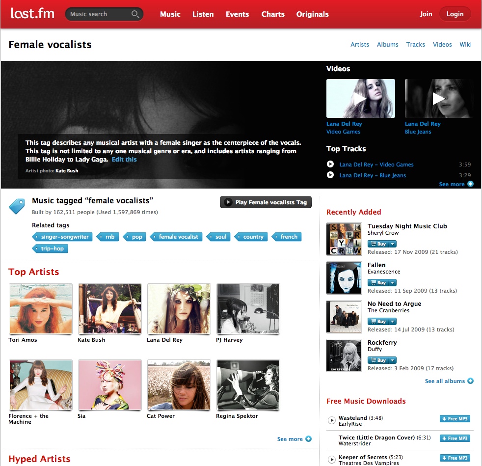 A screenshot of the music site Last.fm's tag page for “female vocalists,” which includes a definition of the tag, and related songs, videos, artists, and downloads available through the site.