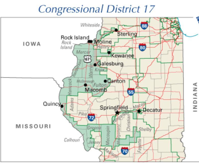 A map of the 17th Congressional district of the state of Illinois shows a highly contorted shape that interconnects all the major cities in the western part of the state into a shape often described as a rabbit on a skateboard.