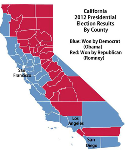Mapa del Estado de California representa algunos condados en rojo y otros en azul.