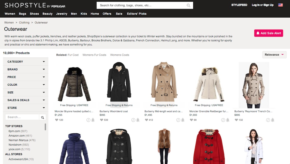 A listing page of women's outerwear items on Shopstyle.com.