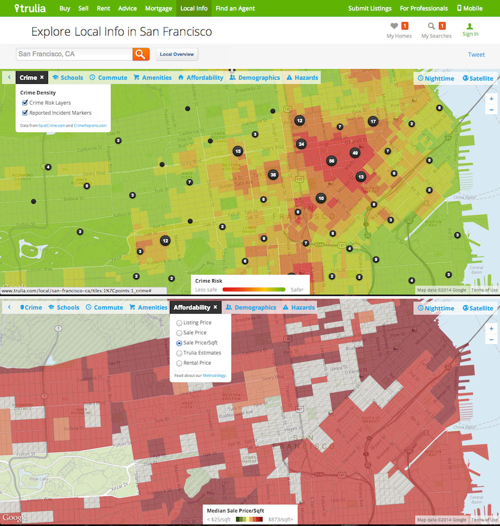Two online maps of central San Francisco are overlaid with colored blocks that indicate the relative crime density and home sale prices, respectively, in different areas of the city.