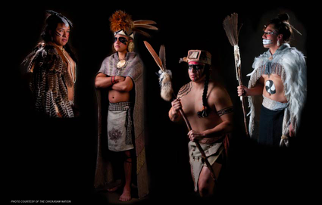 This image depicts various models of indigenous men in tribal regalia.
