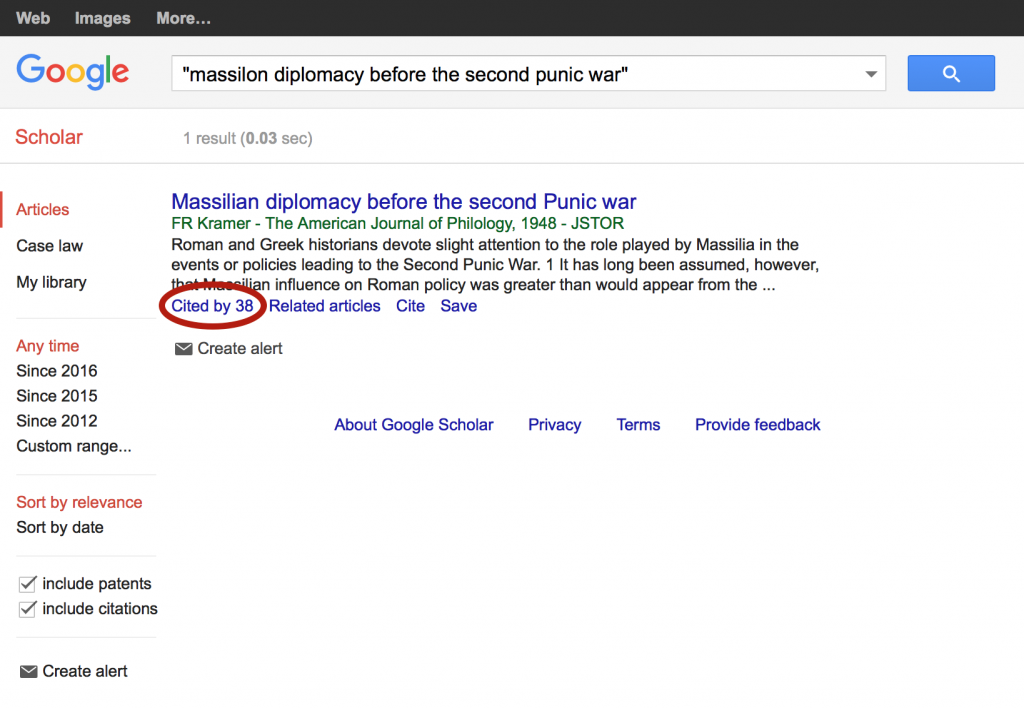 Google scholar showing that the article was cited 38 times