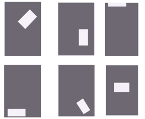 Seis rectángulos grises, cada uno con un rectángulo blanco más pequeño en un lugar diferente.