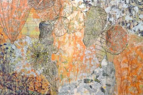 Eva Isaksen, Luz Naranja, 2010. Impresión y collage sobre lienzo. 40” x 60.”