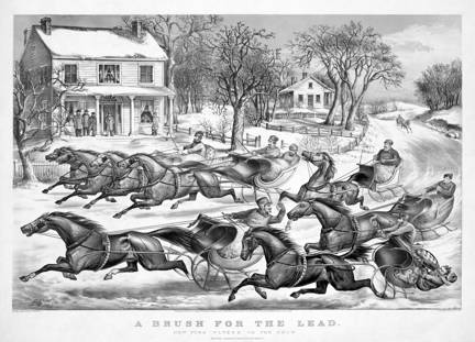 Currier and Ives, A Brush for the Lead; New York Flyers on the Snow, 1867. Lithograph Library of Congress.