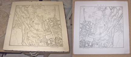 Lithographic stone is on the left with the negative image. Printed positive image is on the right. Image by Chris73.