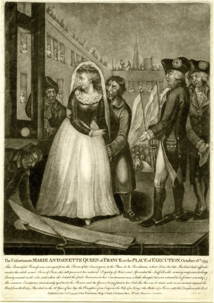 Marie Antoinette standing, looking over her shoulder at the guillotine between two executioners, with a crowd in a courtyard behind