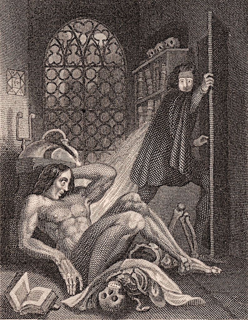 Victor Frankenstein becoming disgusted at his creation. Illustration from the frontispiece of the 1831 edition