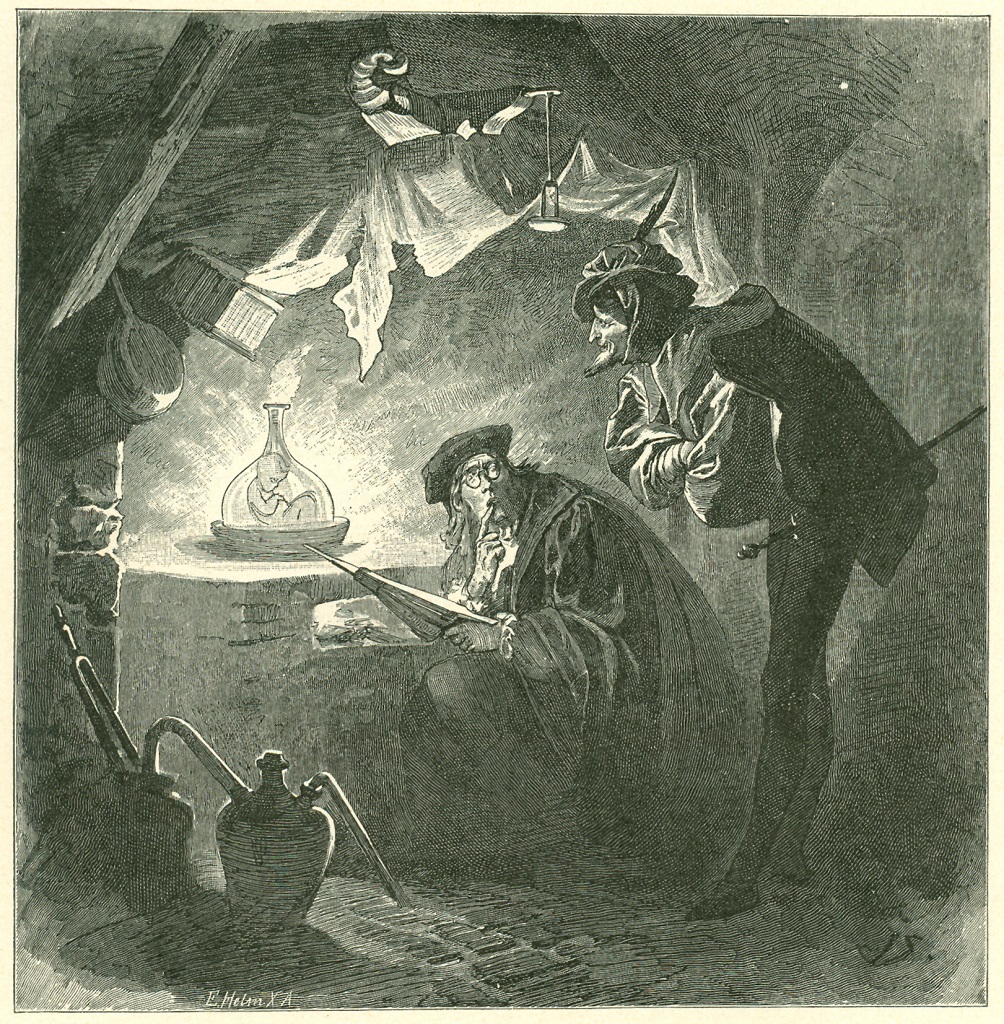 Homunculus in the phial. Famulus Wagner and Mephistopheles. Illustration to Johann Wolfgang von Goethe, Faust. Part Two, Act II, Laboratory.