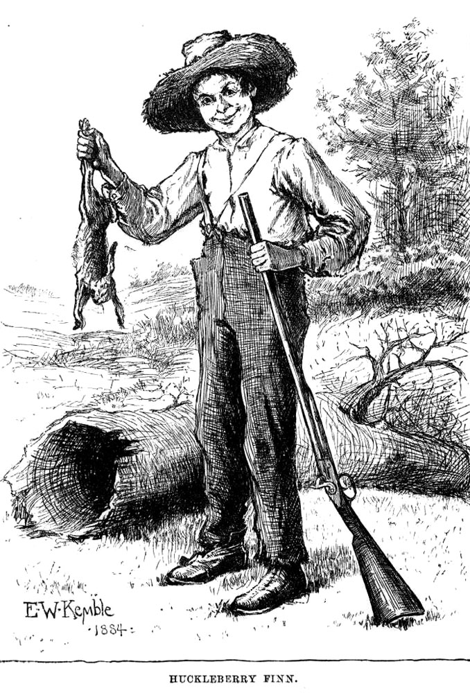 Drawing of Huckleberry Finn with a rabbit and a gun, from the original 1884 edition of the book.