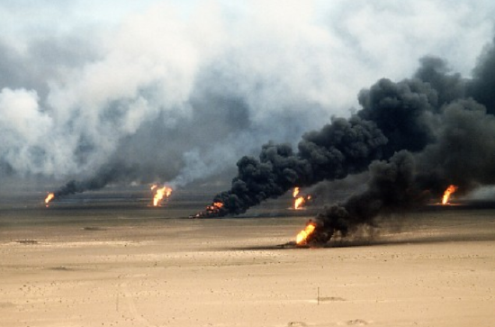 The Iraqi military set fire to Kuwait’s oil fields during the Gulf War, many of which burned for months and caused massive pollution. Photograph of oil well fires outside Kuwait City, March 21, 1991. Wikimedia, http://commons.wikimedia.org/wiki/File:Operation_Desert_Storm_22.jpg. 