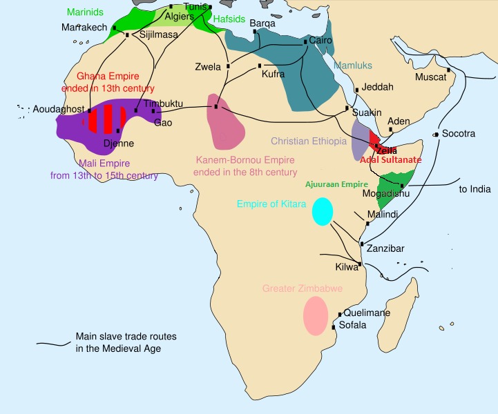 Map of Main slave trade routes in Medieval Africa before the development of the trans-Atlantic slave trade, 2012.