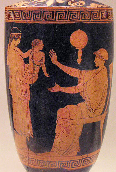 Greek slave presenting infant to its mother, vase, Eretria, Ancient Greece, 470-460 B.C., courtesy of the National Archaeological Museum.<a title=