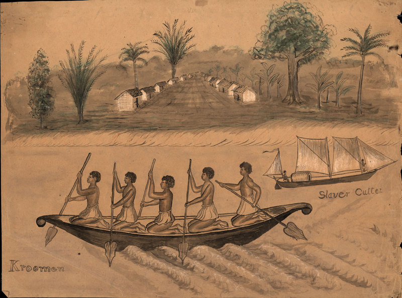Large Canoe and Village Scene, possibly Liberia, mid-19th century, courtesy of University of Virginia Library, Special Collections.