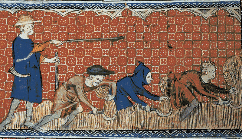 Serfs in feudal England on a calendar page for August from Queen Mary's Psalter, ca. 1310, courtesy of the British Library Manuscripts Online Catalogue.