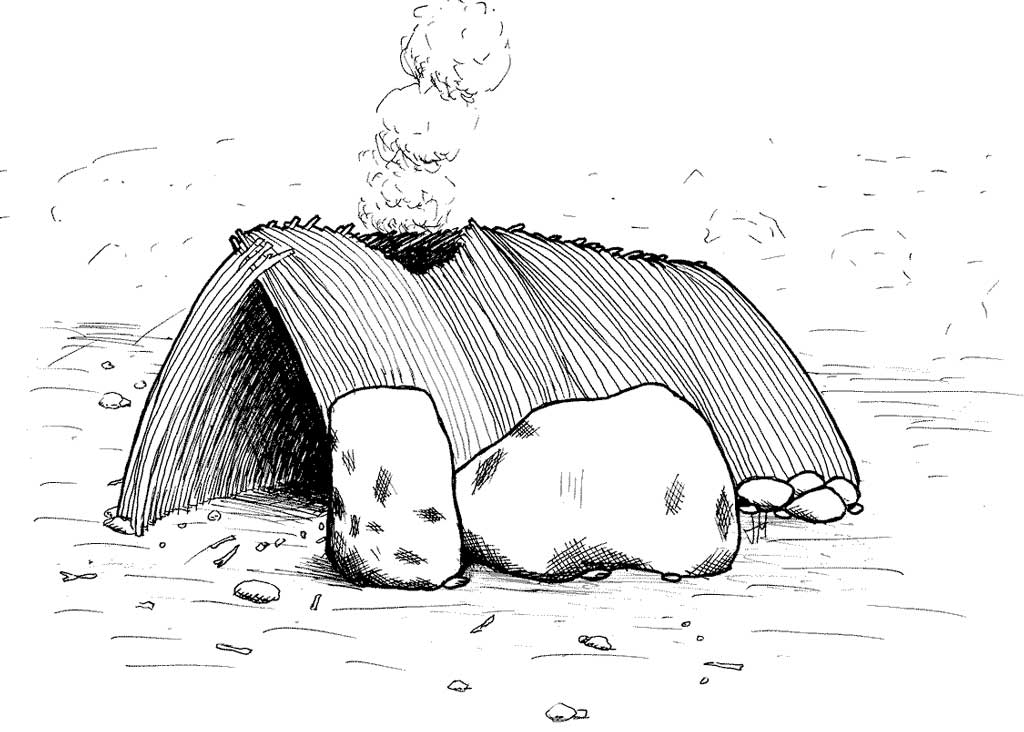 An image of a crude constructed wood shelter, large opening on top for ventilation, and 2 large rocks on the side for support.