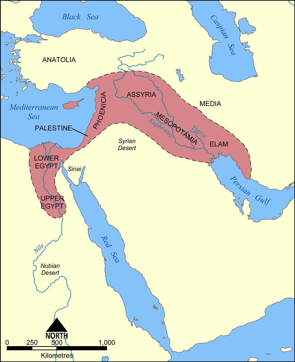 Map of the Fertile Crescent. The red zone on the map illustrates that the Fertile Crescent stretched along the Tigris and Euphrates Rivers and into Egypt.