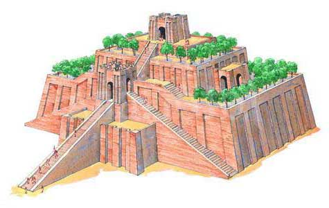 Artists illustration of a three-layered reddish Ziggurat with stair case stretching to the top.